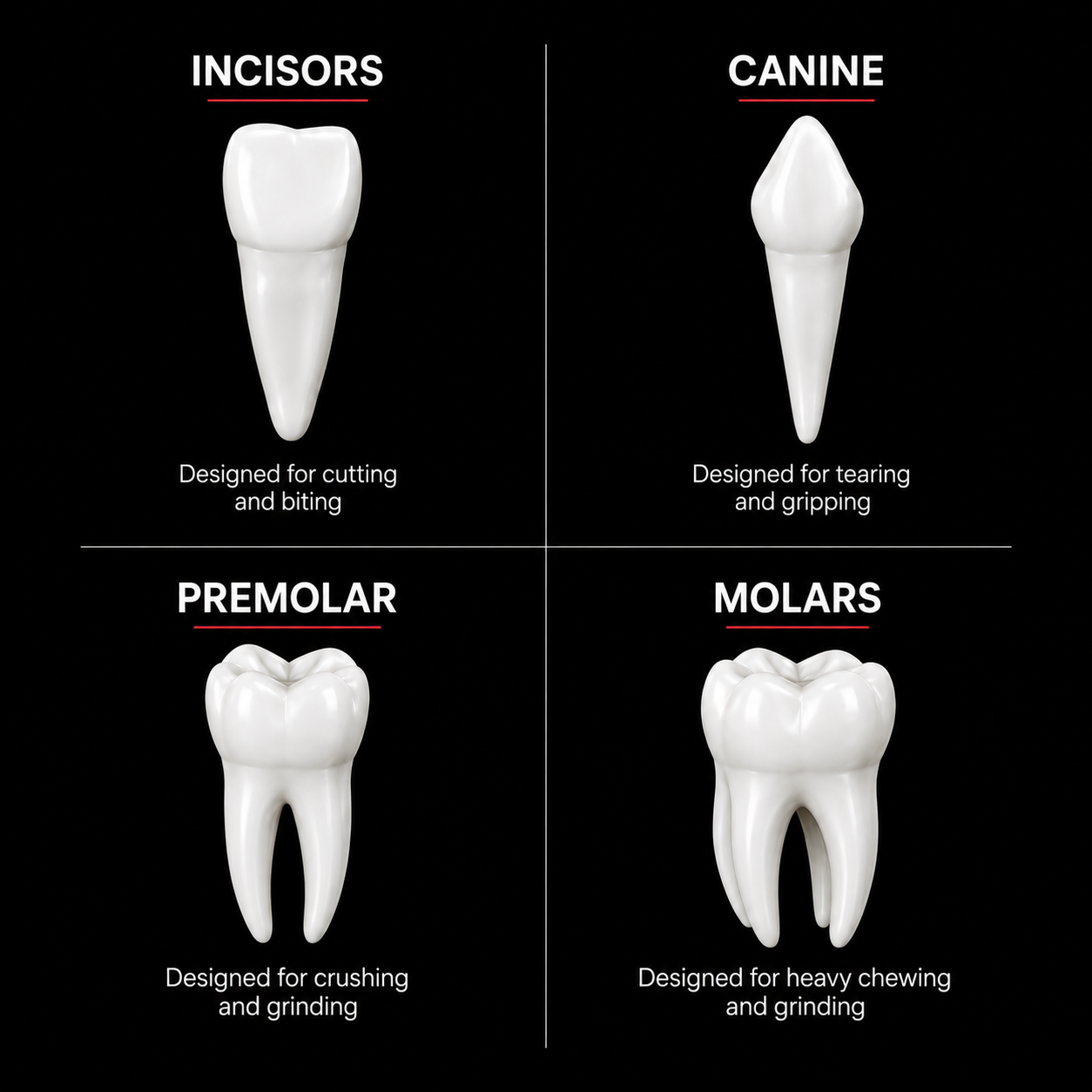 Diagram of the four main tooth types